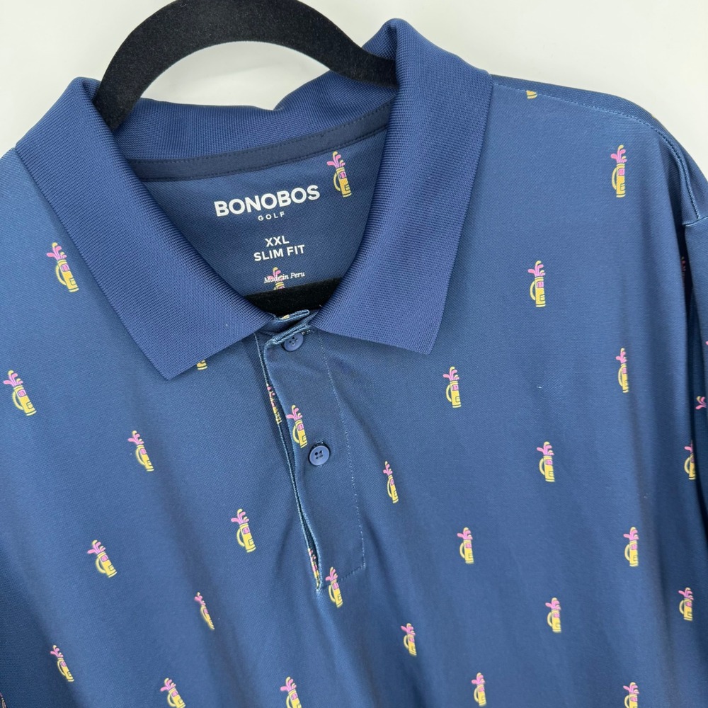 Bonobos Golf Polo Shirt Mens XXL Navy Blue AOP Golf Bag‎ Print Slim Fit